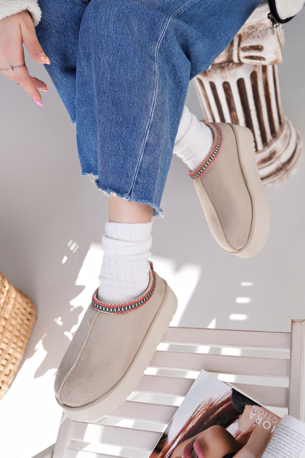 Freemax Kadın Garantili İçi Kürklü Hafif Yüksek Taban Mini Sabo Ev Terliği UggSabo.303 Bej