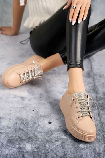 Freemax Kadın Taşlı Bağcık 4,5 cm Yüksek Hafif Taban Sneaker Spor Ayakkabı Abb.1500 Nut