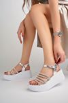 Freemax Kadın Garantili Çapraz Taş Detay 6 cm Topuk Eva Taban Platform Sandalet Ppl.5040 Gümüş