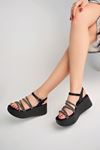 Freemax Kadın Garantili Çapraz Taş Detay 6 cm Topuk Eva Taban Platform Sandalet Ppl.5040 Siyah
