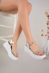Freemax Kadın Garantili Çapraz Taş Detay 6 cm Topuk Eva Taban Platform Sandalet Ppl.5010 Gümüş